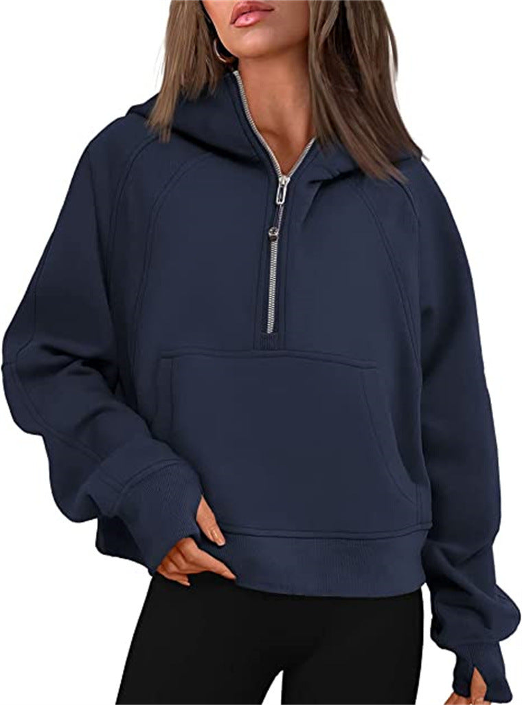 Damen Oversize-Hoodie mit halbem Reißverschluss, Kängurutasche und Daumenlöchern – Auréline