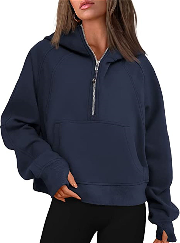 Damen Oversize-Hoodie mit halbem Reißverschluss, Kängurutasche und Daumenlöchern – Auréline
