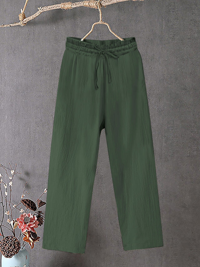 Damen Crinkle Leinenmischung Hose mit elastischem Kordelzug, gerade Beinform und lässiger Passform – Avélisse