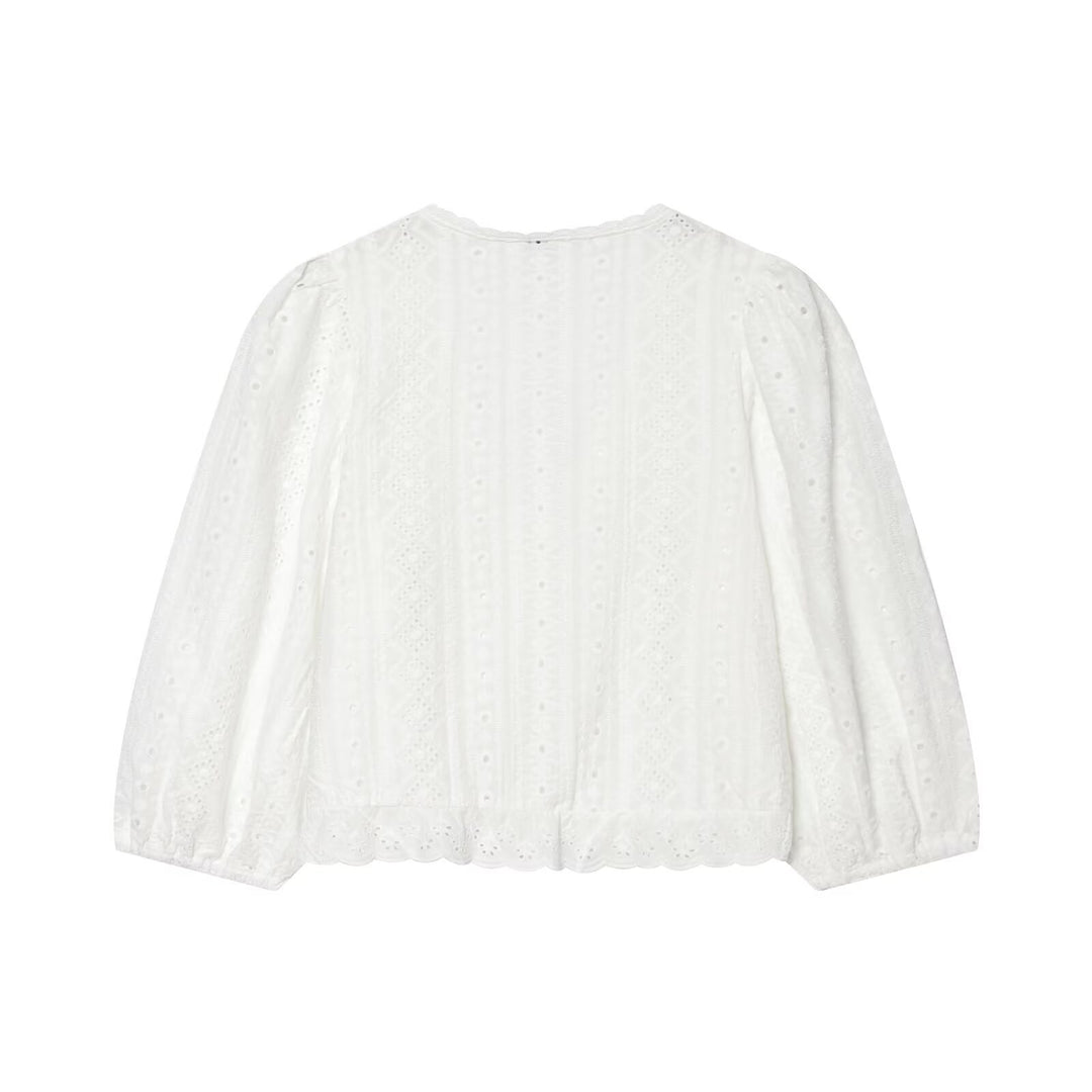 Damen Baumwoll-Spitzen-Cardigan mit V‑Ausschnitt, Knopfleiste und Ballonärmeln Echo Archiv