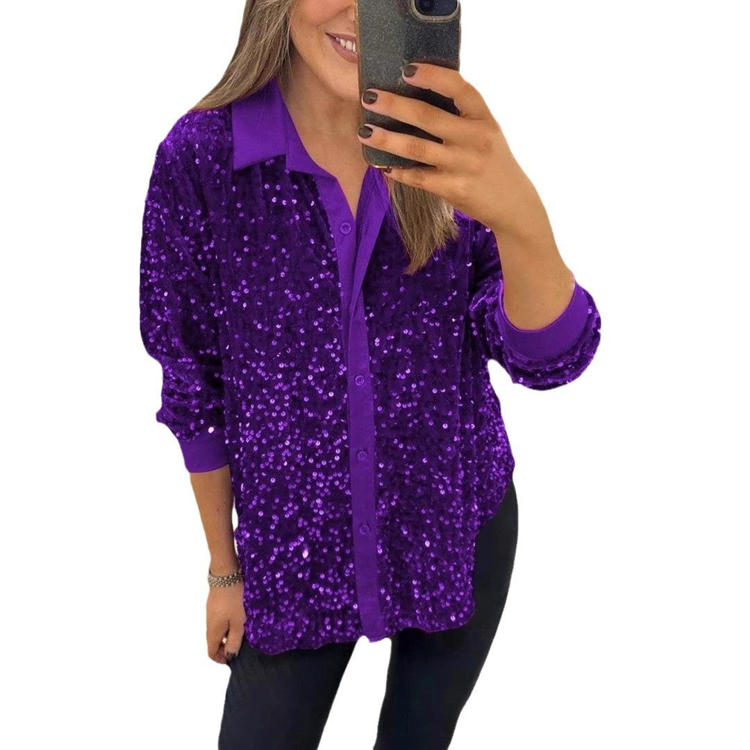Damen Glitzernde Bluse aus Pailletten mit klassischem Kragen Echoarchiv