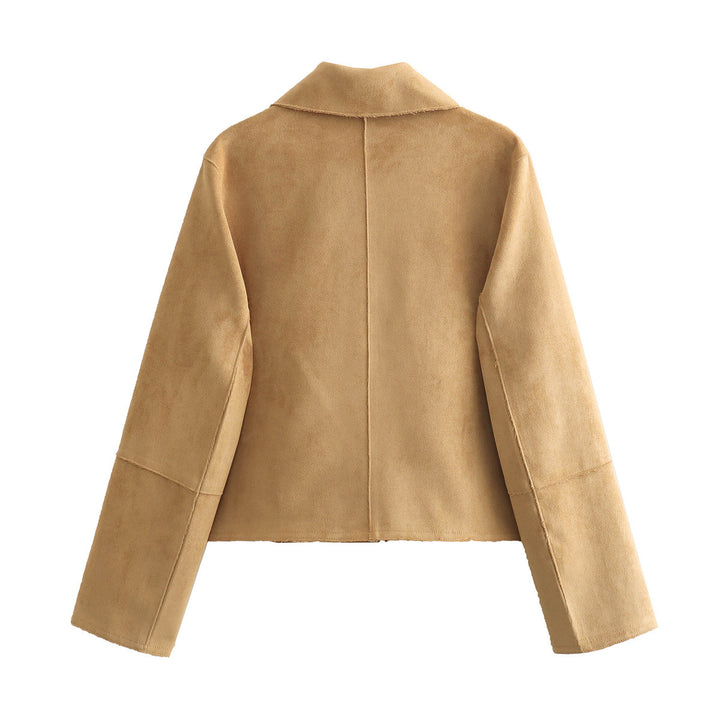 Damen cropped Wildlederoptik Jacke mit Hemdkragen und großen aufgesetzten Taschen – Célinea