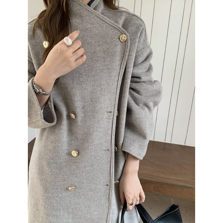 Damen Oversize Wollmix-Mantel mit doppelreihiger Knopfleiste, Stehkragen und überschnittener Schulter Echoarchiv