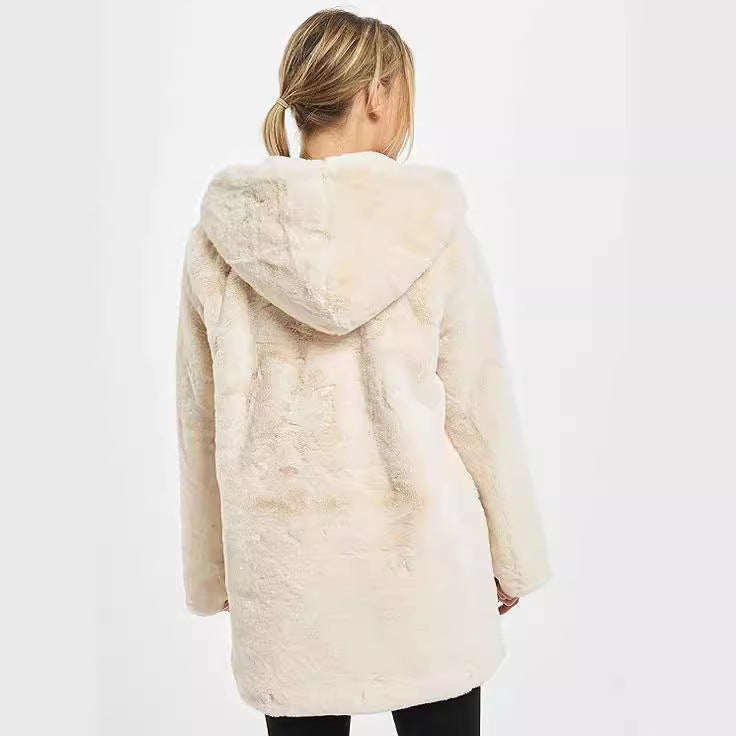 Damen Midilanger Kunstpelzmantel mit Kapuze, Teddy-Finish und verdeckter Knopfleiste Echo Archiv
