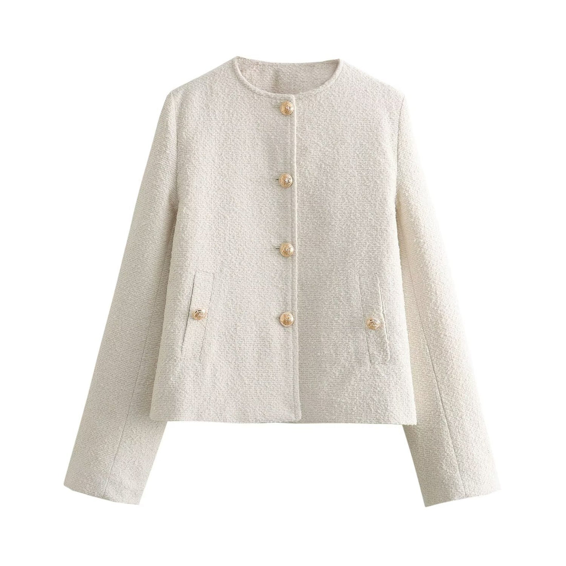 Damen Boxy-Boucléjacke mit Rundhalsausschnitt, Zierknopfleiste und Pattentaschen Echoarchiv