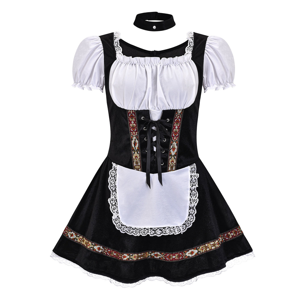 Damen nan kurzes Trachtenkleid im Dirndlstil mit Schnürung, schulterfreiem Carmen-Ausschnitt und Zierschürze Echo Archiv