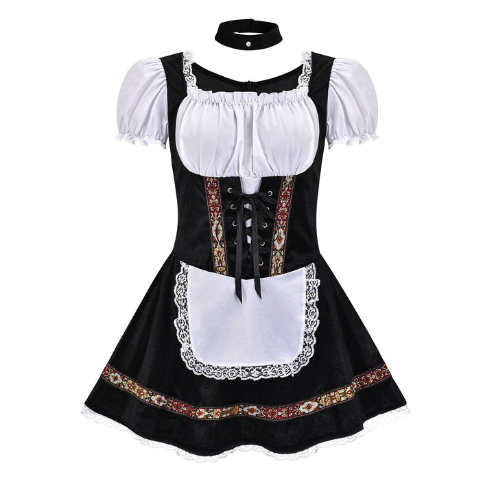 Damen nan kurzes Trachtenkleid im Dirndlstil mit Schnürung, schulterfreiem Carmen-Ausschnitt und Zierschürze Echo Archiv