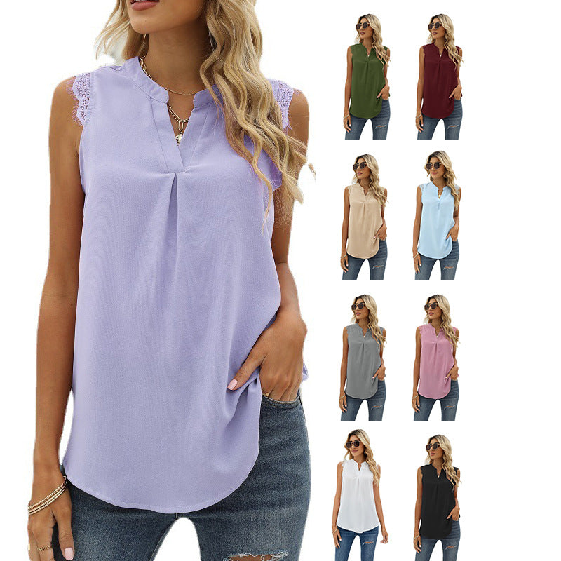 Damen Ärmelloses Blusenshirt mit Elegantem Spitzeneinsatz und Modischen Falten Echoarchiv