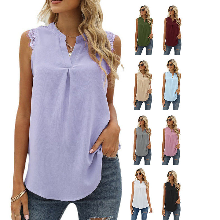 Damen Ärmelloses Blusenshirt mit Elegantem Spitzeneinsatz und Modischen Falten Echoarchiv