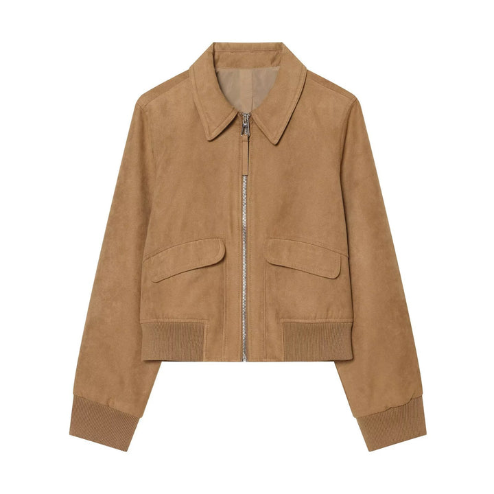Damen Kurzer Veloursleder‑Blouson im Boxy‑Schnitt mit Hemdkragen, Klappentaschen und breitem Rippbund Echo Archiv