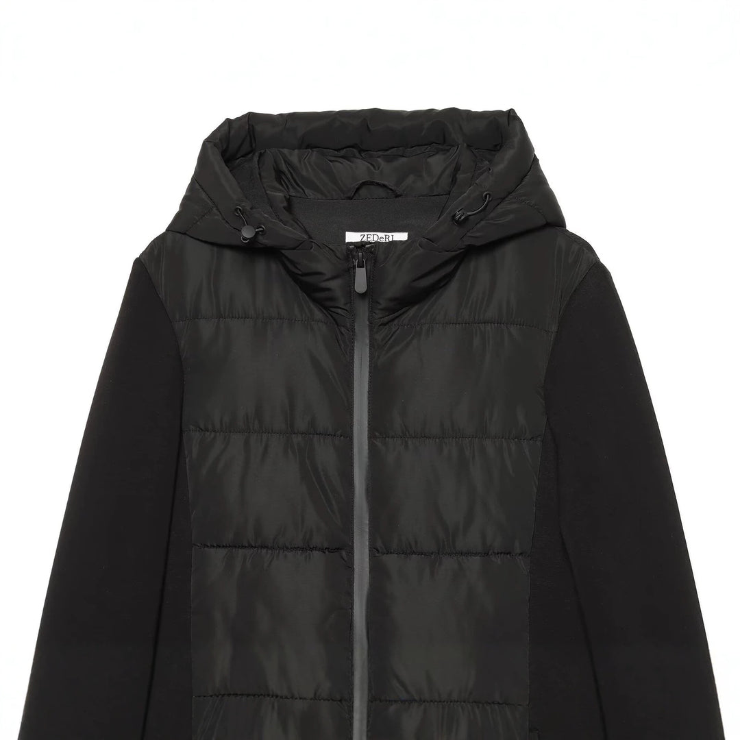 Damen Kurzjacke im Materialmix mit gesteppter Front, Kapuze und taillierendem Tunnelzug Echoarchiv
