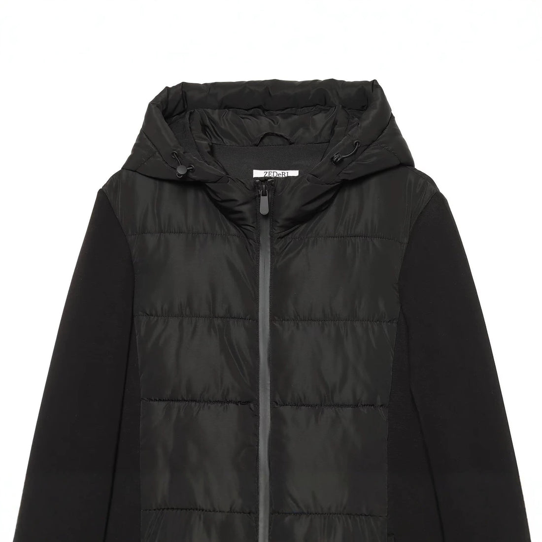 Damen Kurzjacke im Materialmix mit gesteppter Front, Kapuze und taillierendem Tunnelzug Echoarchiv