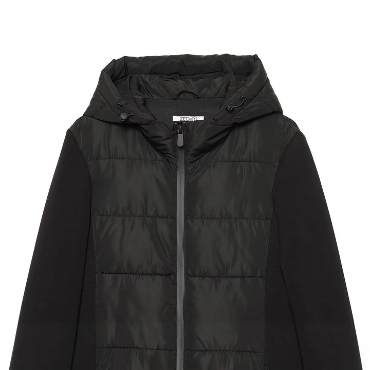 Damen Kurzjacke im Materialmix mit gesteppter Front, Kapuze und taillierendem Tunnelzug Echoarchiv