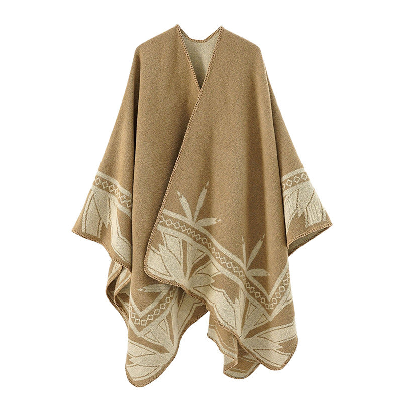 Damen Grobgewebter Umhangponcho aus Wollmix mit V-Ausschnitt und Ornamentjacquard – Veloura