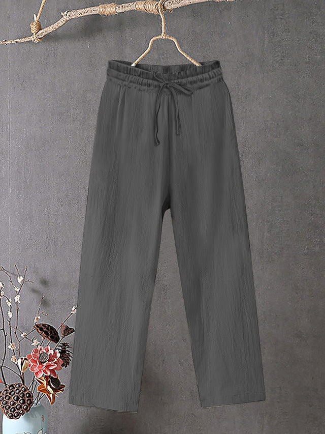 Damen Crinkle Leinenmischung Hose mit elastischem Kordelzug, gerade Beinform und lässiger Passform – Avélisse