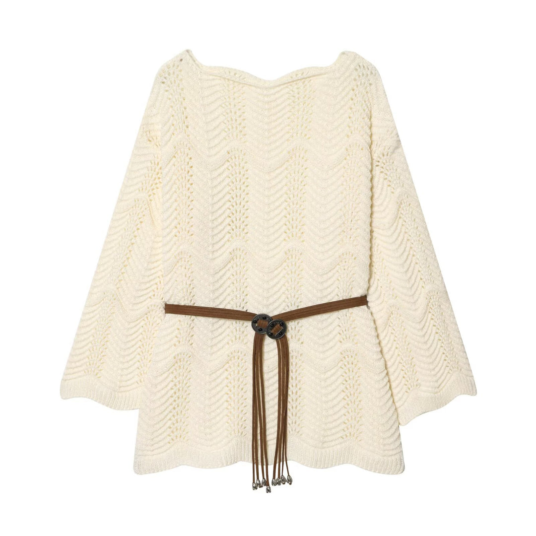 Damen Gestricktes Poncho-Cape mit Ajourmuster und Lederquasten-Gürtel Echo Archiv