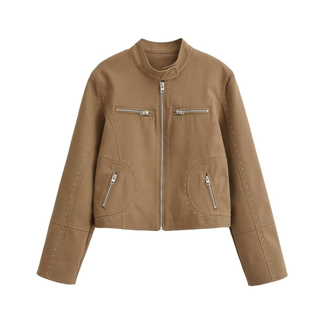 Damen Kurze Bikerjacke aus Wildlederimitat mit Nietenbesatz und Stehkragen Echo Archiv