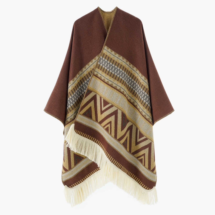 Damen Jacquard‑Ruana mit Fransen und folklorem Muster – Avérine