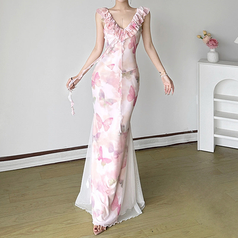 Damen Maxikleid aus transparentem Chiffon mit Rüschendetails und floralem Design Echo Archiv