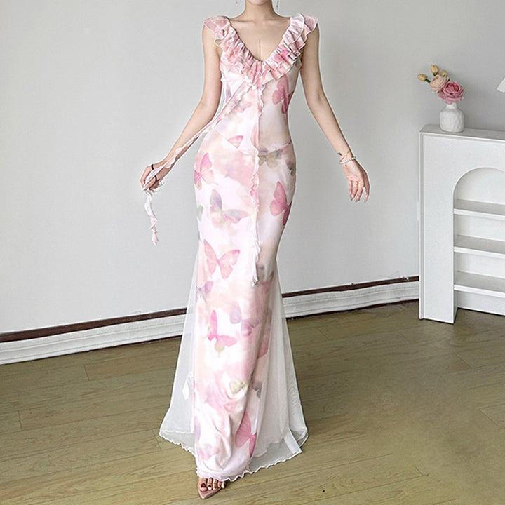 Damen Maxikleid aus transparentem Chiffon mit Rüschendetails und floralem Design Echo Archiv