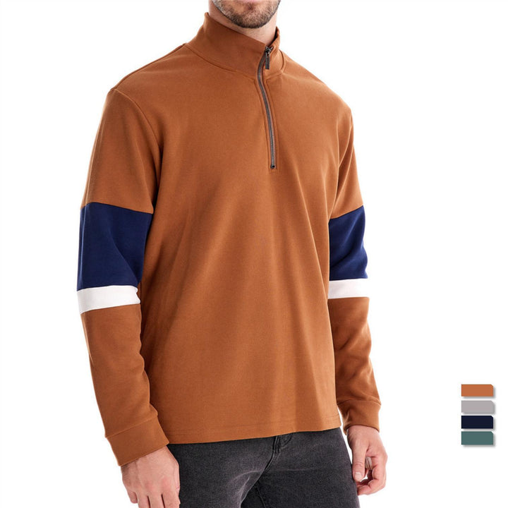 Herren nan Halbzip-Pullover mit Stehkragen, gestreiftem Krageninnenband und Kontrastärmeln Echo Archiv