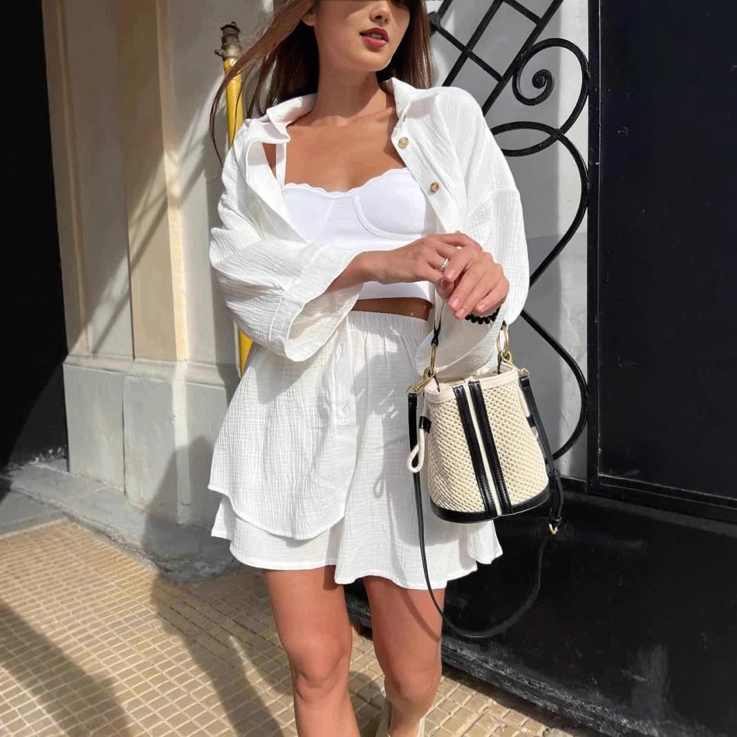 Damen nan lässiges Musselin-Zweiteiler Set mit Oversize-Hemd und elastischer Highwaist-Shorts Echo Archiv