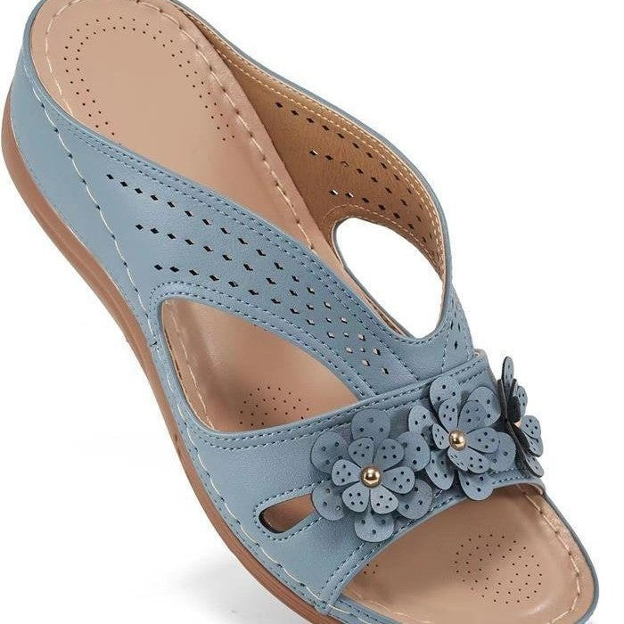 Damen Bequeme Pantoletten mit Blumenapplikation und orthopädischer Dämpfung – Sorelia
