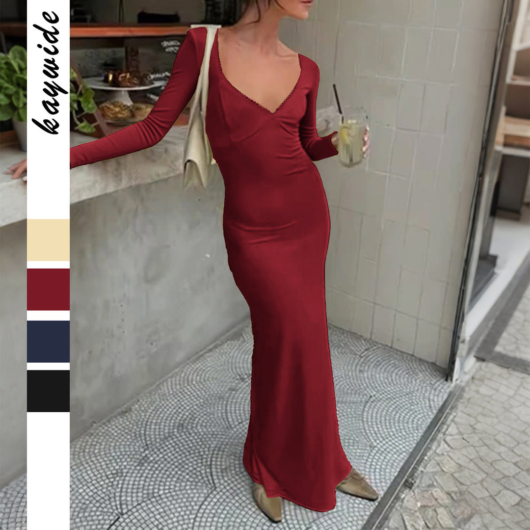 Damen figurbetontes Maxikleid mit herzförmigem Ausschnitt, langen Ärmeln und schmaler Meerjungfrau-Silhouette – Valéora