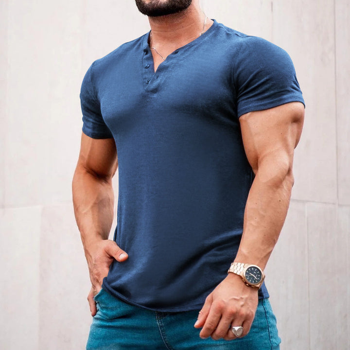 Herren Kurzarm-Henley-T-Shirt aus atmungsaktiver Baumwolle mit dekorativer Knopfleiste Echoarchiv