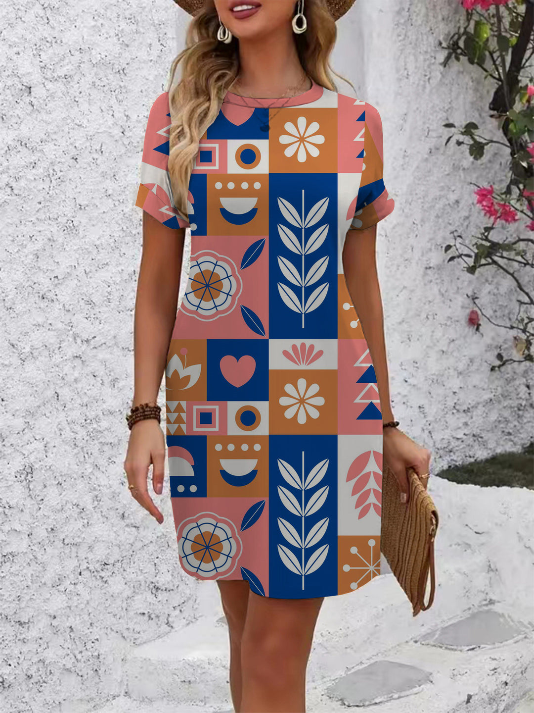 Damen lässiges Kurzarmkleid mit floralen Motiven und bequemen Schnitt Echo Archiv