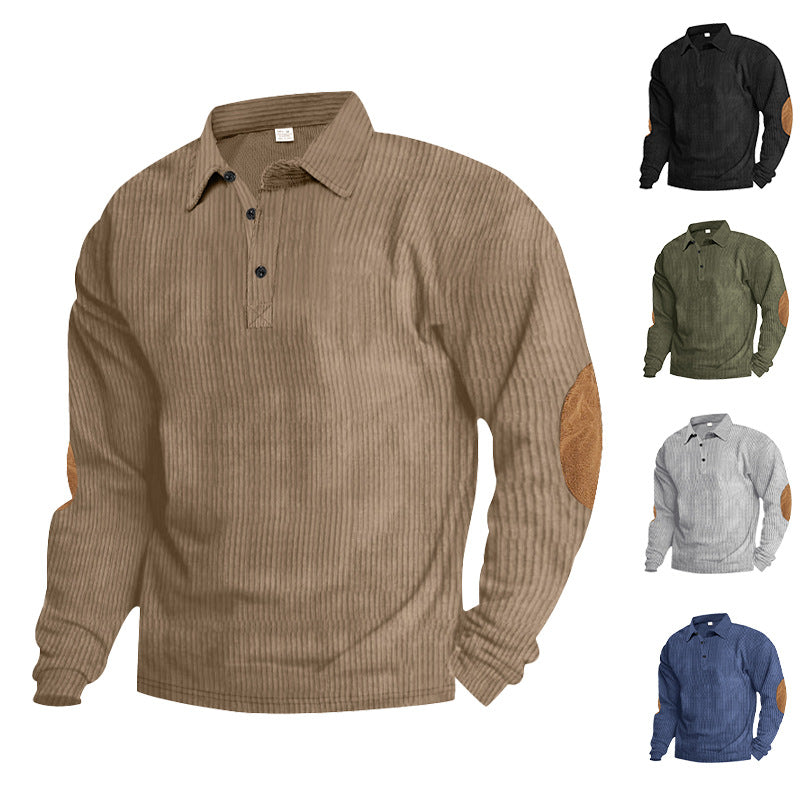 Herren lässiges Langarm-Henley-Shirt mit strukturiertem Rippenstoff und kontrastierenden Ellbogenpatches Echoarchiv