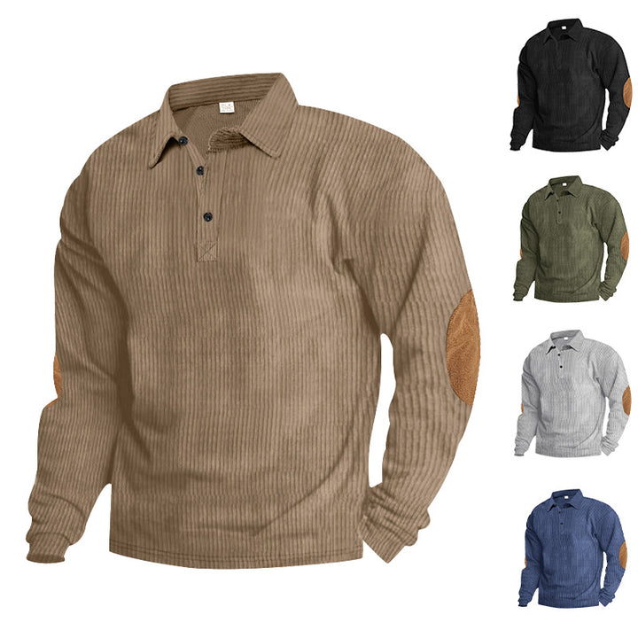 Herren lässiges Langarm-Henley-Shirt mit strukturiertem Rippenstoff und kontrastierenden Ellbogenpatches Echoarchiv