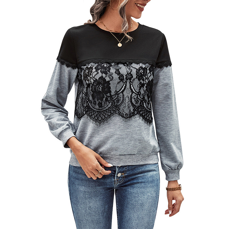 Damen Lässiges Longsleeve mit floraler Spitzenapplikation, Colorblock‑Yoke und Rundhals Echoarchiv