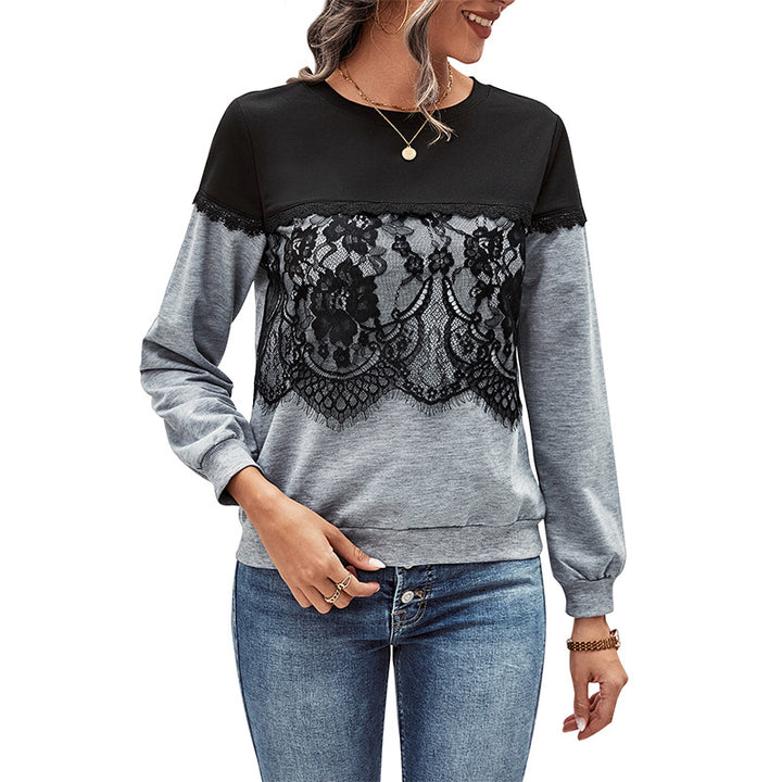 Damen Lässiges Longsleeve mit floraler Spitzenapplikation, Colorblock‑Yoke und Rundhals Echoarchiv