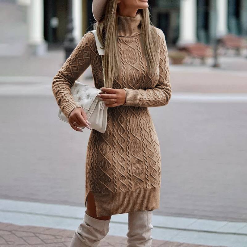 Damen nan figurbetontes Strickkleid mit Rollkragen, Zopfmuster, seitlichem Schlitz und geripptem Saum Echo Archiv