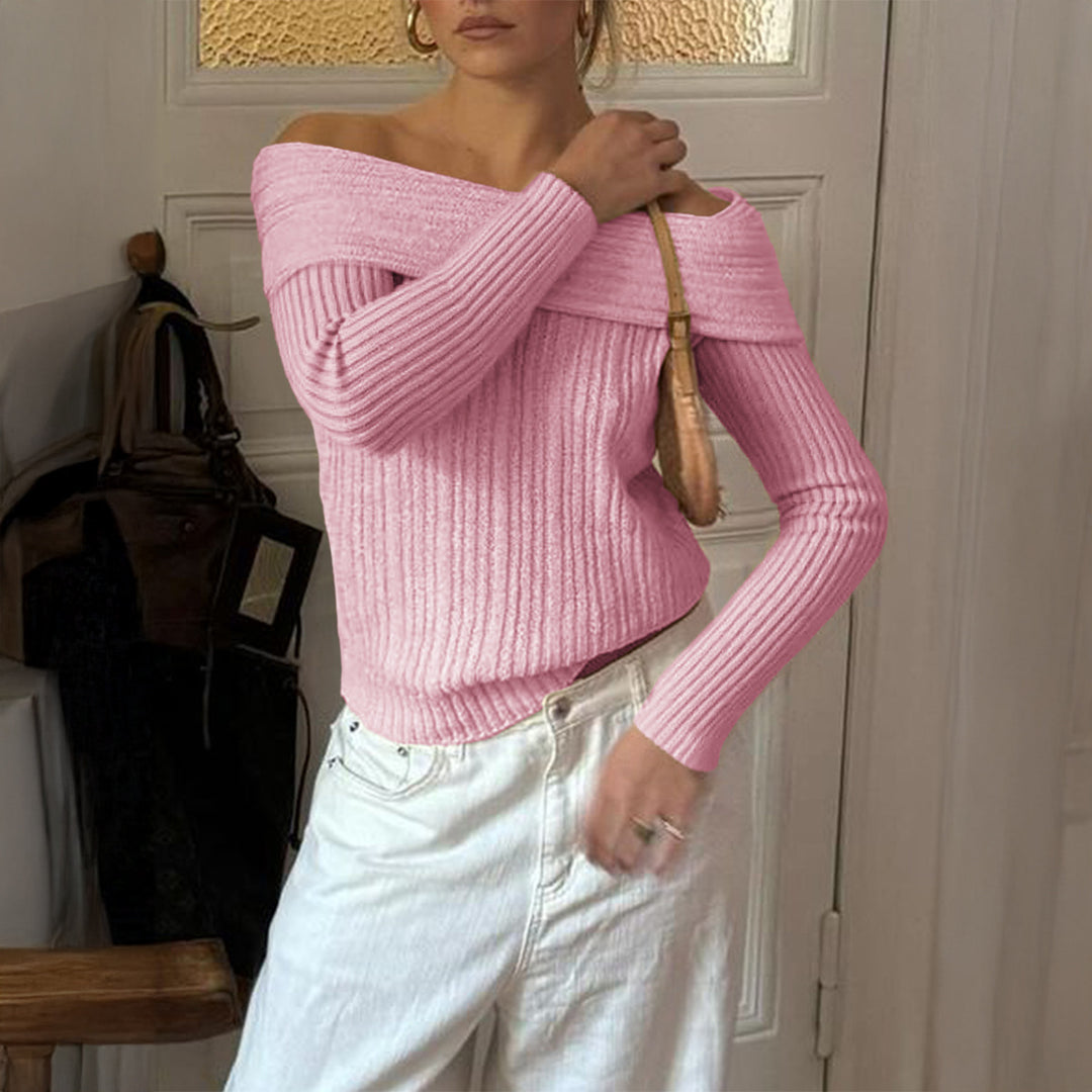 Damen Off-Shoulder Rippstrickpullover mit schmaler Silhouette und gerolltem Ausschnitt – Mavelle