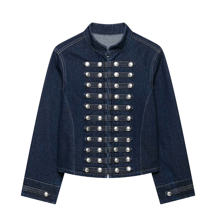Damen Taillierte Denim‑Blazerjacke im militärisch inspirierten Marschallstil mit Zierknopfleiste Echo Archiv