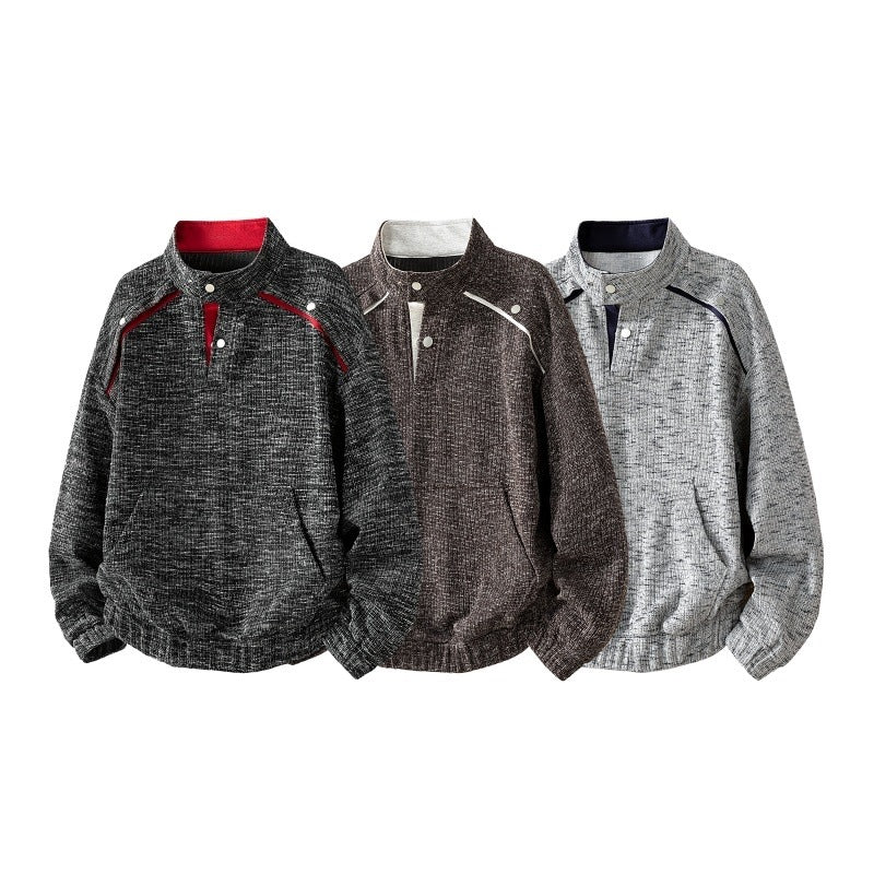 Herren Oversize Struktur-Halbzip-Strickpullover mit Stehkragen, Druckknopfblende & Kängurutasche Echoarchiv