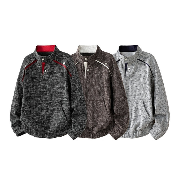 Herren Oversize Struktur-Halbzip-Strickpullover mit Stehkragen, Druckknopfblende & Kängurutasche Echoarchiv