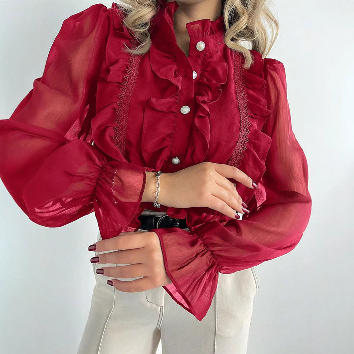 Damen Rüschenbluse aus Chiffon mit Stehkragen und Perlenknöpfen – Élovi
