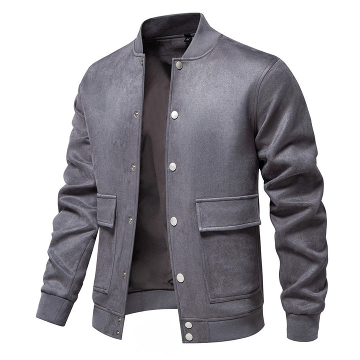 Herren nan Wildlederoptik-Collegejacke mit Druckknopfverschluss, Pattentaschen und geripptem Saum Echo Archiv