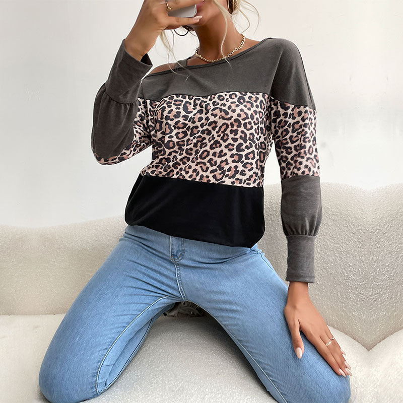 Damen Legerer Off-Shoulder Pullover mit Leoparden‑Print, Kontrastblöcken und Spaghettiträger Echoarchiv