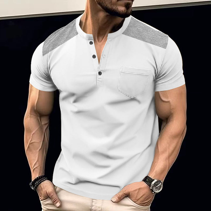 Herren Kurzarm-Henley-T-Shirt mit modischem Knopfdesign und praktischer Brusttasche Echoarchiv