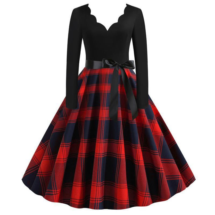 Damen Retro Swingkleid im Vintage-Stil mit geschwungener V-Kante, Satin-Taillenschleife und karierter Tellerrock – Élara