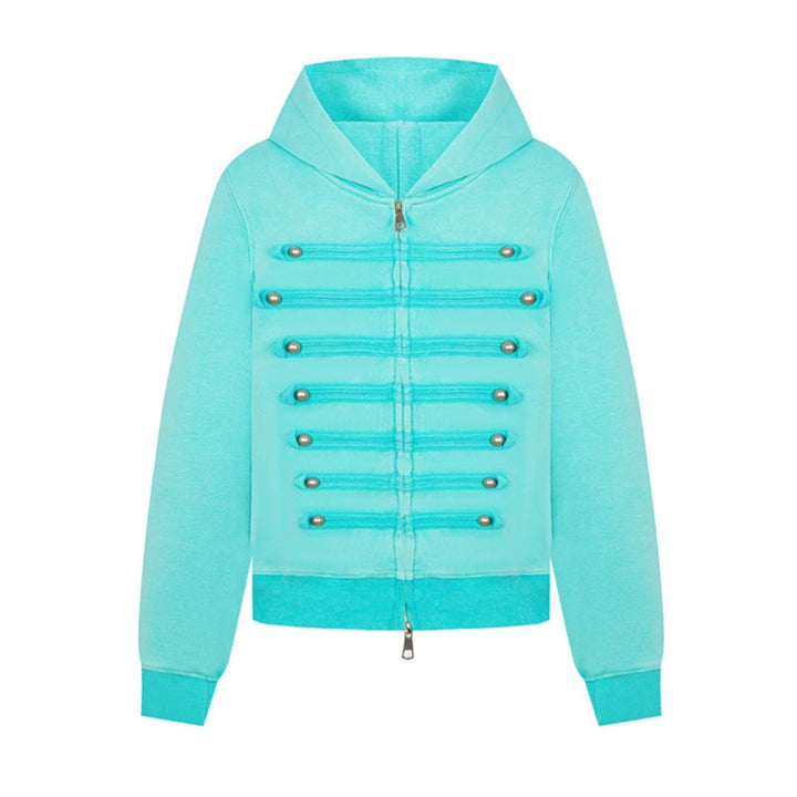 Damen Kapuzen-Sweatjacke im Military-Style mit Zierkordeln und Metallknöpfen Echoarchiv