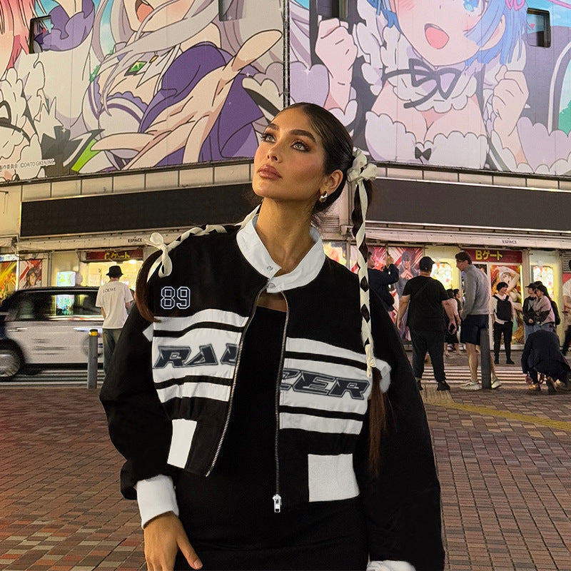 Damen Kurzgeschnittene Racer-Trainingsjacke mit Reißverschluss, sportlichem Print und elastischem Bund – Avérine