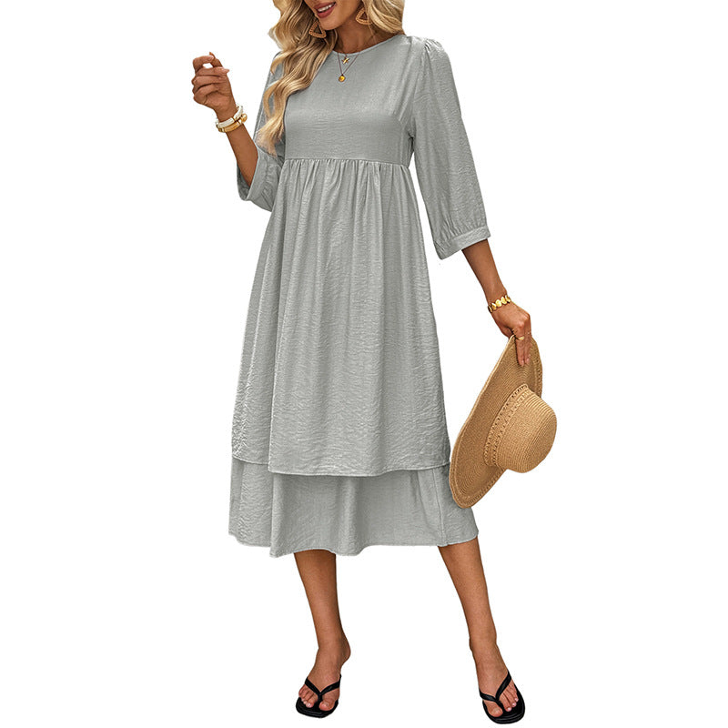 Damen Lagen-Midikleid mit geraffter Taille, 3/4-Ärmeln und lockerem A-Linien-Schnitt Echoarchiv