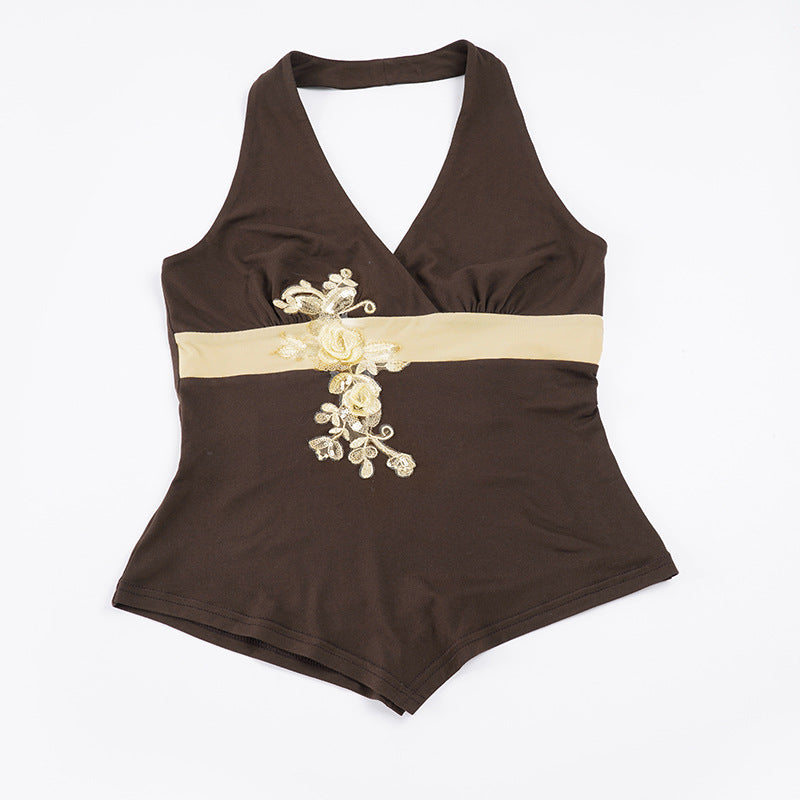 Damen eleganter Halter-Badeanzug mit luxuriösen Stickereien Echo Archiv