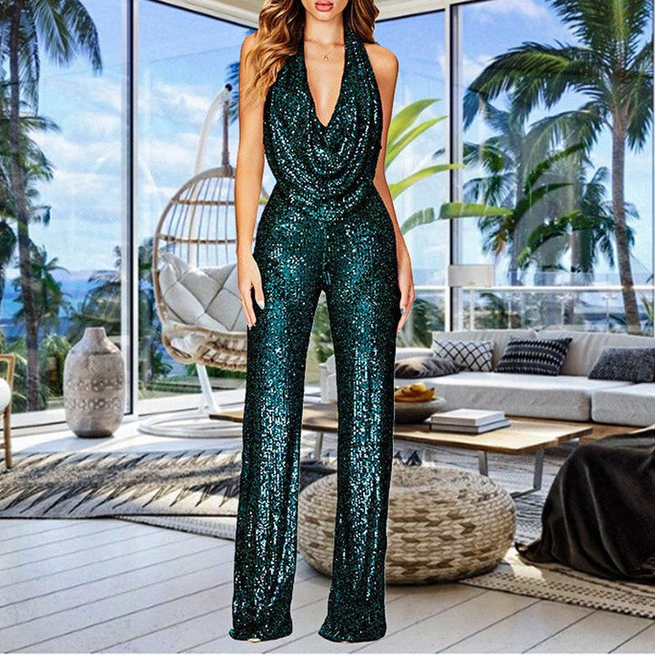 Damen Glitzerndes Jumpsuit mit tiefem V-Ausschnitt und weitem Bein Echoarchiv