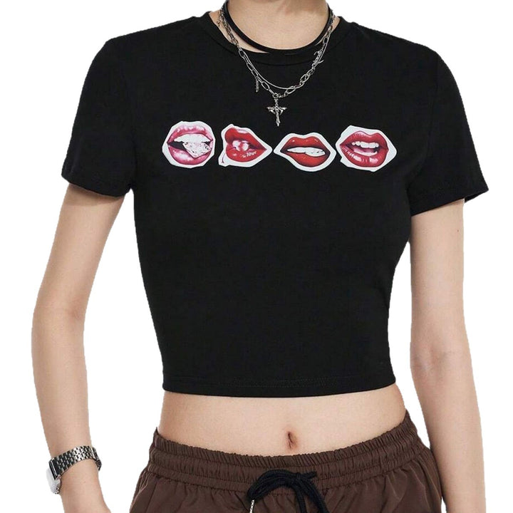 Damen Crop-T-Shirt mit kreativem Lippenmotiv und figurbetontem Schnitt Echo Archiv